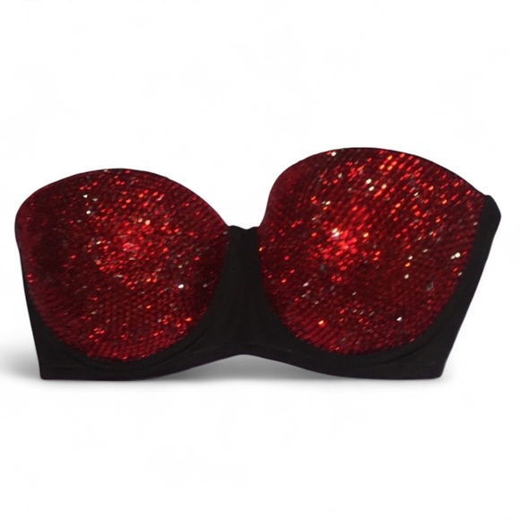 Classic Red Crystal Glam Bling Strapless Bra Top All Sizes New - Picture 3 of 9